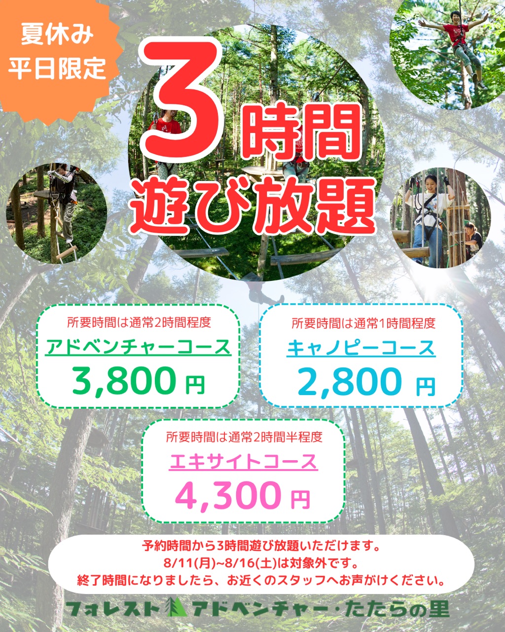 フォレストアドベンチャー・たたらの里夏休み平日料金